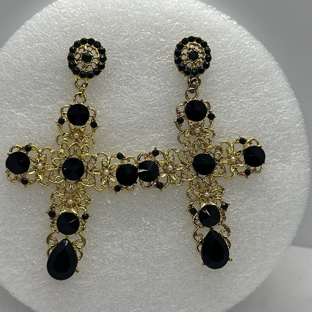 Statement Black & Gold Cross Earrings - Gothic, Victorian, Elegant 3.5" Drop - Picture 11 of 11